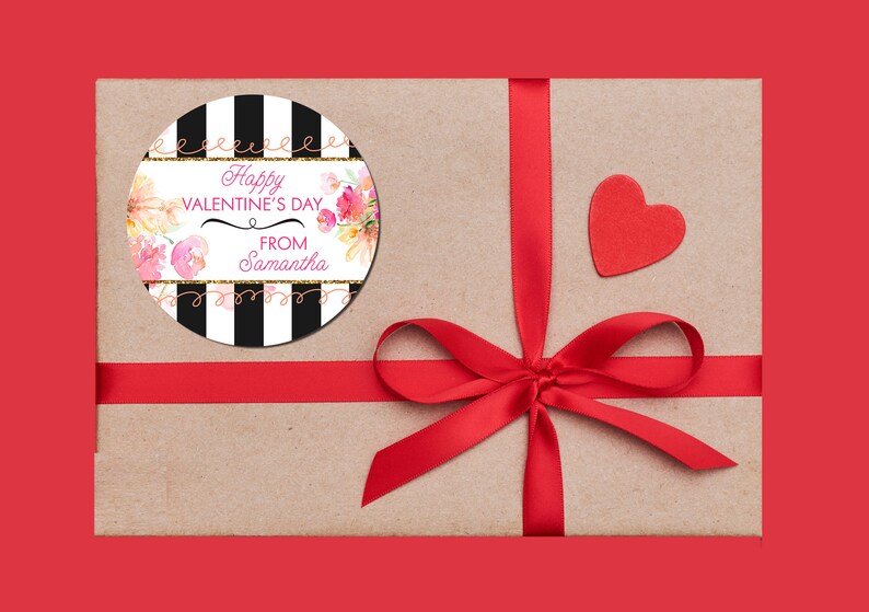 Heart, Watercolor Flowers & Black Stripes Personalized Valentine Round Sticker Labels Classroom Valentines for School image 2