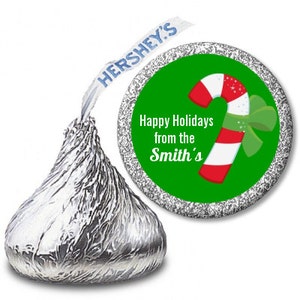 Candy Cane Personalized Christmas Personalized Hershey Kiss Stickers Green and Red Party Chocolate Favor Labels 108 stickers per sheet image 1