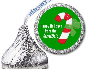 Candy Cane - Personalized Christmas Personalized Hershey Kiss Stickers - Green and Red Party Chocolate Favor Labels - 108 stickers per sheet