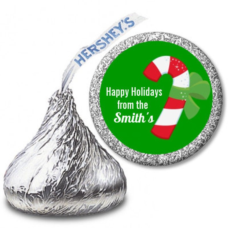 Candy Cane Personalized Christmas Personalized Hershey Kiss Stickers Green and Red Party Chocolate Favor Labels 108 stickers per sheet image 1
