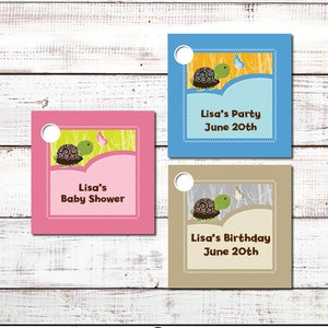 Turtle Baby Shower Custom Favor Tags Set of 20 Personalized Printed Party Favor Gift Tags Blue, Pink, Neutral Colors Available image 1