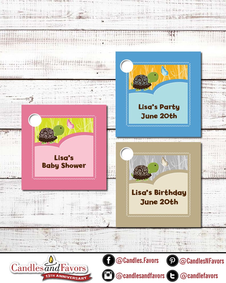 Turtle Baby Shower Custom Favor Tags Set of 20 Personalized Printed Party Favor Gift Tags Blue, Pink, Neutral Colors Available image 1