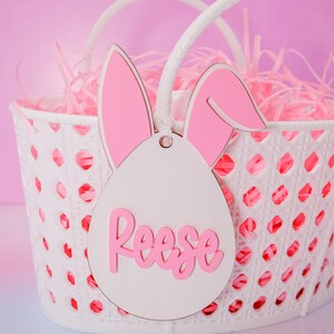 Étiquettes de panier de Pâques, étiquette de panier de Pâques personnalisée, étiquette de panier de Pâques personnalisée, étiquettes de nom de lapin, oreilles de lapin roses, décoration de printemps de Pâques