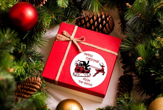 Christmas Stickers - Santa Sleigh Black Red Plaid - Personalized Round Christmas Sticker Labels - Available in 10 Sizes Il_570xn