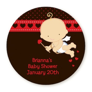 Cupid Baby Valentine's Day Personalized Round Baby Shower Sticker Labels image 1