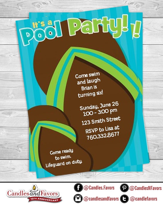 Flip Flops For Boys Pool Party - Birthday Party Invitation Professionally printed *or* DIY printable PDF Il_570xn