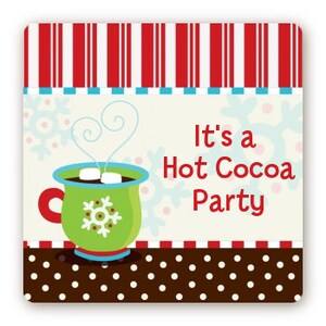 Hot Cocoa Party Personalized Square Christmas Sticker Label Set of 12 Merry Christmas Square Gift Labels Happy Holiday Stickers image 1