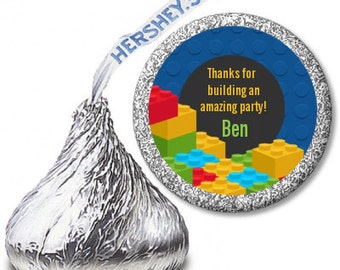 Building Blocks - Birthday Party Personalized Hershey Kiss Stickers - Party Chocolate Favor Labels - 108 stickers per sheet