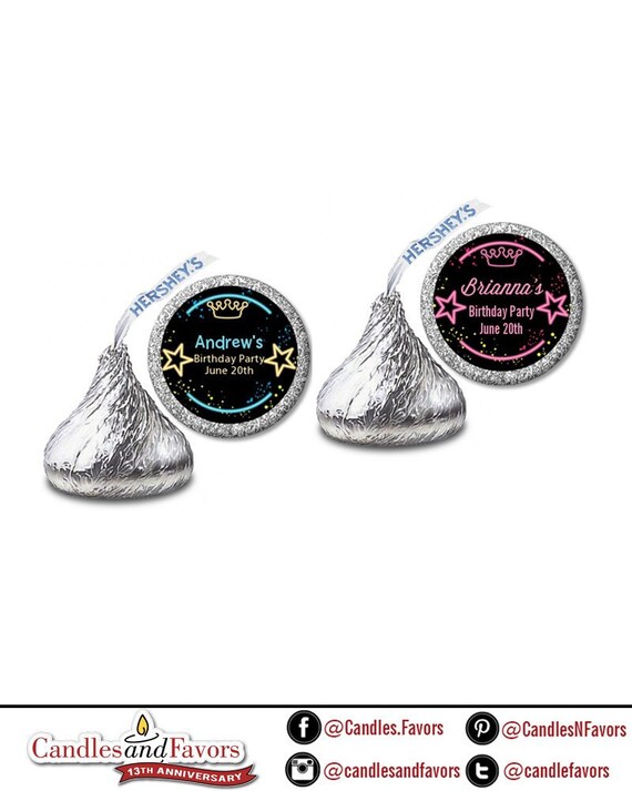 Neon Glow In The Dark - Birthday Party Personalized Hershey Kiss Stickers - Party Chocolate Favor Labels - 108 stickers per sheet Il_570xn