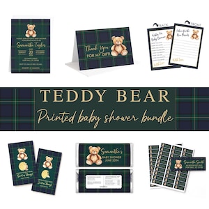 May include: A printed baby shower bundle featuring a dark green and navy blue plaid pattern with teddy bear illustrations. The set includes invitations, thank you cards, advice cards, scratch-off game cards, candy bar wrappers, and address labels.