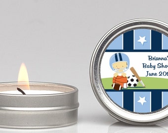 Sports Baby Shower Candle Tin Favor (Set of 12) - Party Themed Small Celebration Candle in Personalized Round Tin Container