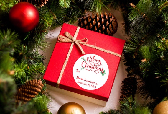 Christmas Stickers - Merry Christmas in Calligraphy with Holly - Personalized Round Christmas Sticker Labels - Available in 10 Sizes Il_570xn