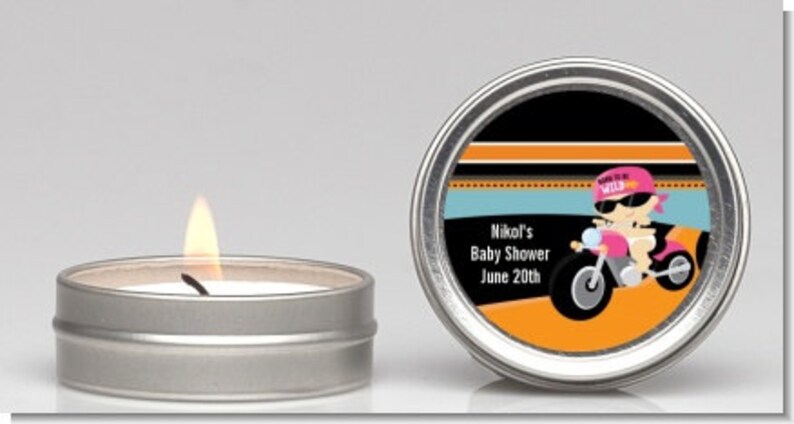 Motorcycle Baby Shower Candle Tin Favor Set of 12 Party Themed Small Candle in Personalized Round Tin Container. Choose gender & ethnicity image 4