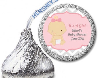 It's A Girl Chevron - Baby Shower Personalized Hershey Kiss Stickers Party Chocolate Favor Labels