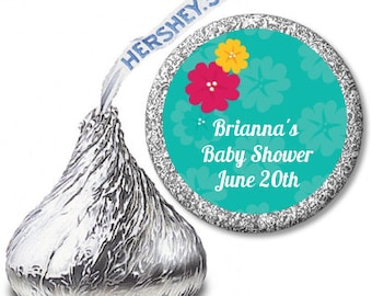 Hawaiian Flowers - Baby Shower Personalized Hershey Kiss Stickers Party Chocolate Favor Labels - 108 Stickers