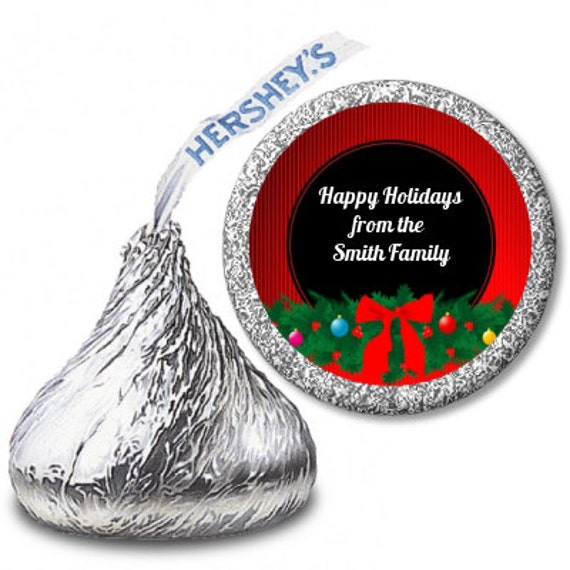 Christmas Wreath Red Bow - Personalized Christmas Personalized Hershey Kiss Stickers - Party Chocolate Favor Labels - 108 stickers per sheet Il_570xn