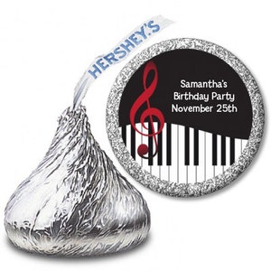 Music Notes Piano - Birthday Party Personalized Hershey Kiss Stickers - Party Chocolate Favor Labels - 108 stickers per sheet