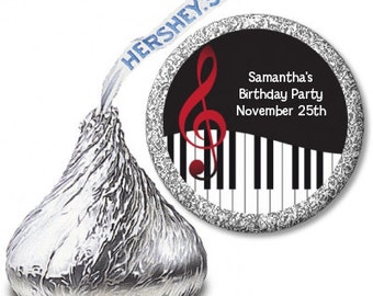 Music Notes Piano - Birthday Party Personalized Hershey Kiss Stickers - Party Chocolate Favor Labels - 108 stickers per sheet