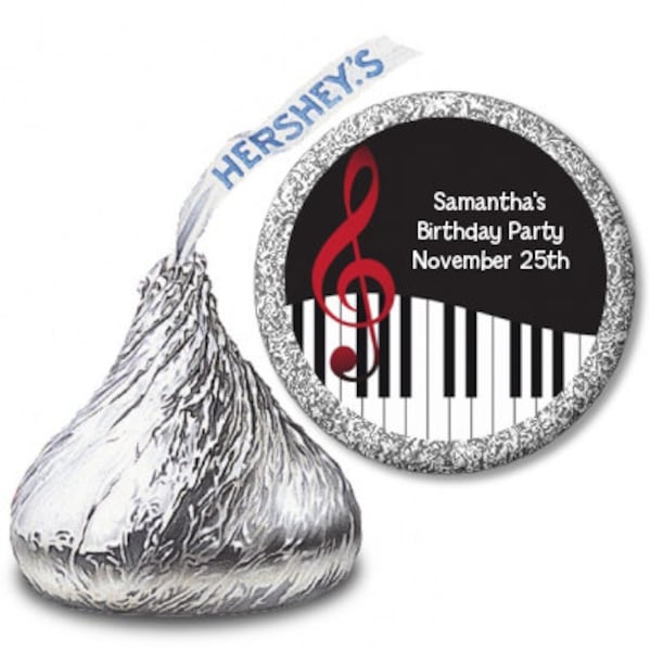 Music Notes Piano - Birthday Party Personalized Hershey Kiss Stickers - Party Chocolate Favor Labels - 108 stickers per sheet