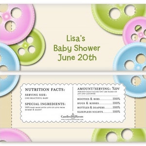 12 Cute As a Button Baby Shower Candy Bar Wrappers Personalized Custom Sweet Treat New Baby Party Favors image 1