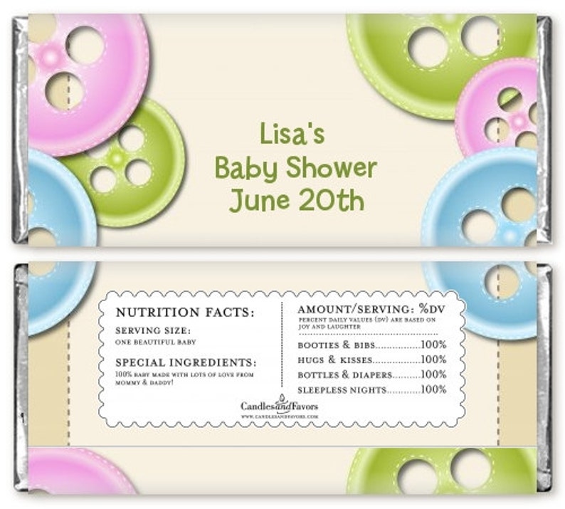 12 Cute As a Button Baby Shower Candy Bar Wrappers Personalized Custom Sweet Treat New Baby Party Favors image 1