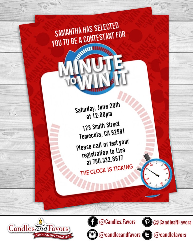 Minute To Win It Birthday Party Invitation DIY printable PDF image 1