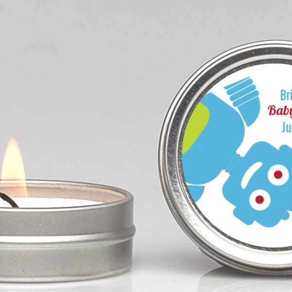 Robots Baby Shower Candle Tin Favor (Set of 12) - Party Themed Small Celebration Candle in Personalized Round Tin Container