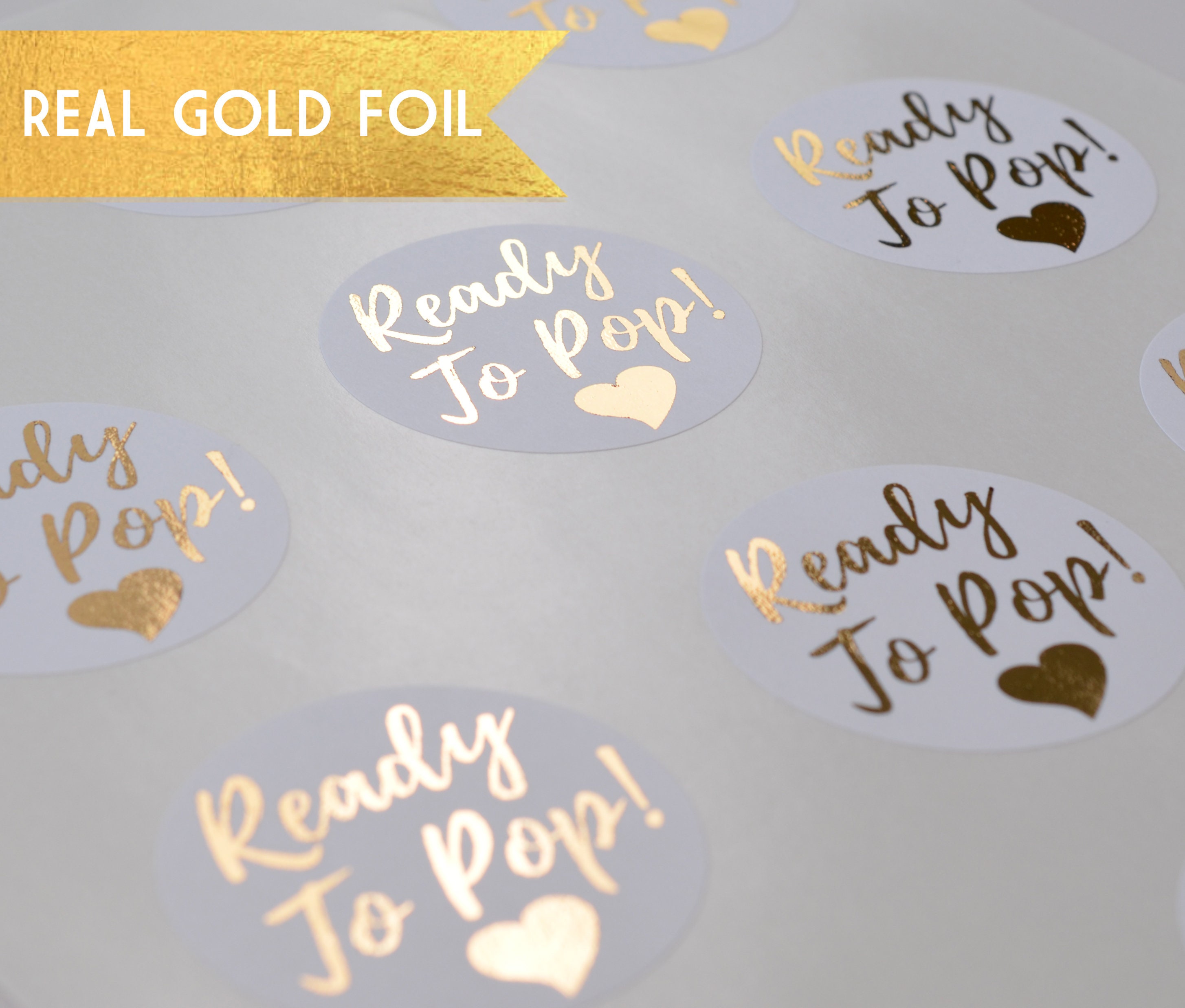 Ready To Pop Baby Shower Stickers - Faux Metallic Gold With Blue Stripes, 1.67-Inch Round (48 Pack) - View #3