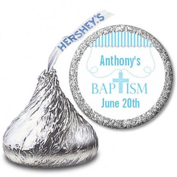 Blue Cross Necklace - Baptism / Christening Personalized Hershey Kiss Stickers - Party Chocolate Favor Labels - 108 Stickers Il_570xn