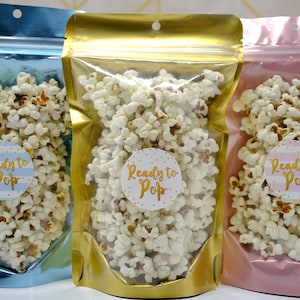 Ready To Pop Baby Shower Popcorn Favor Pouches and Labels Personalized Ready To Pop Trendy Bag Popcorn Bags Boy Girl Baby Shower Favor Bags