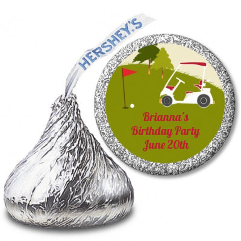 Golf Cart Birthday Party Personalized Hershey Kiss Stickers Party Chocolate Favor Labels 108 stickers per sheet image 1