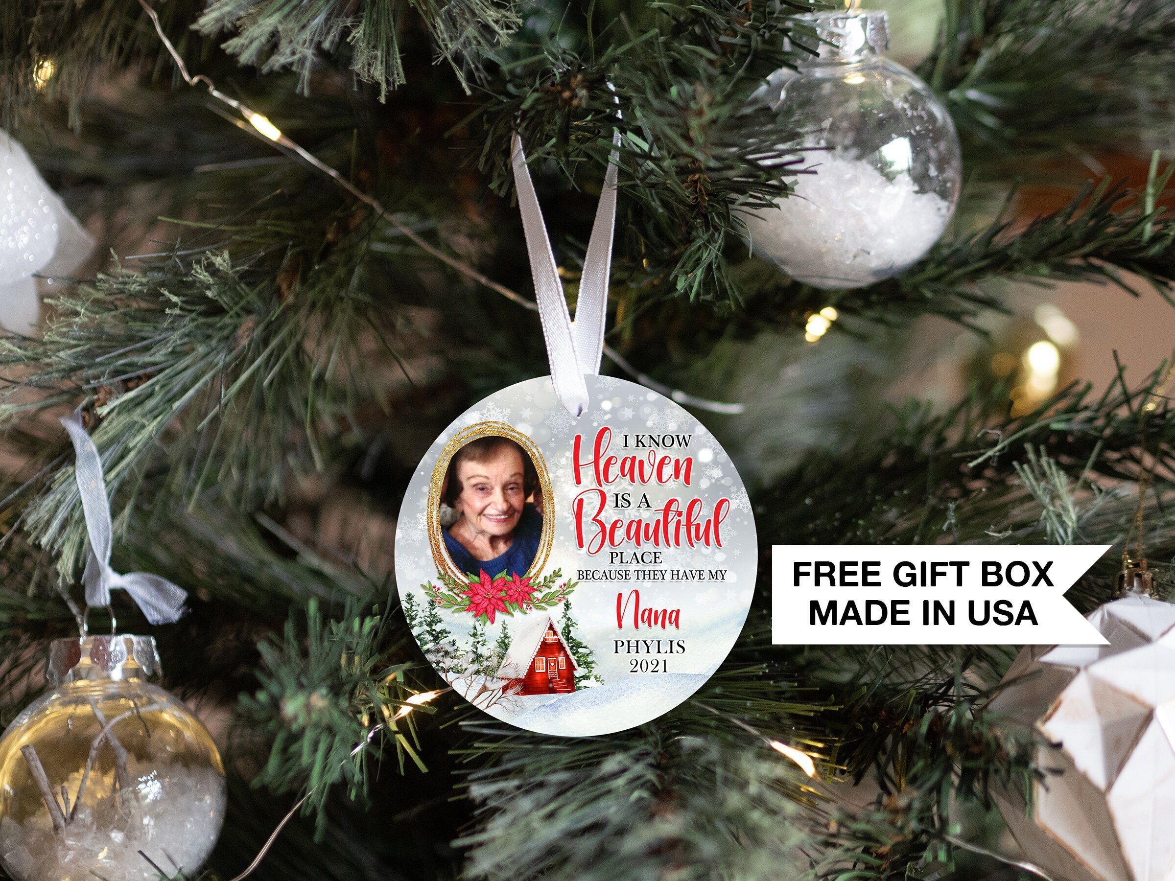Personalized Memorial Christmas Ornament |  In Loving Memory Custom Photo Ornament | Loss of Loved One Grandparents Grandmother Mom Dad Nana