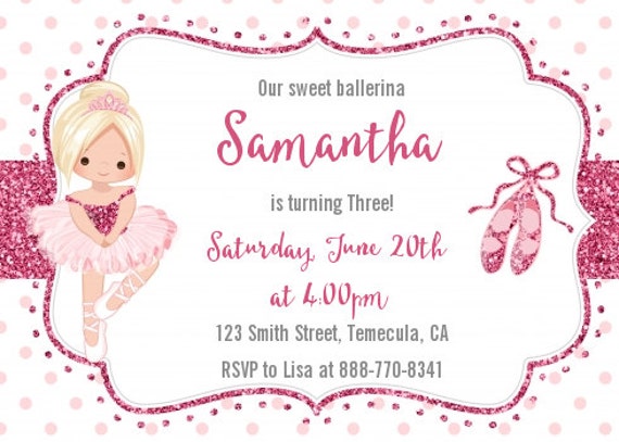 Ballerina Printed Birthday Party Invitations - Set of 12 - Available in Blonde, Brown and Black Hair Il_570xn