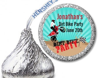 Dirt Bike - Birthday Party Personalized Hershey Kiss Stickers - Party Chocolate Favor Labels - 108 stickers per sheet