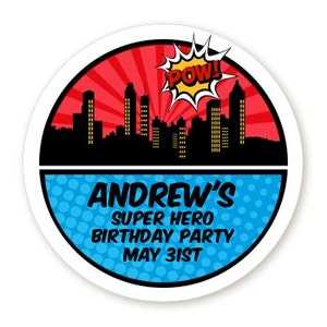 Calling All Superheroes Personalized Round Birthday Party Sticker Labels image 2