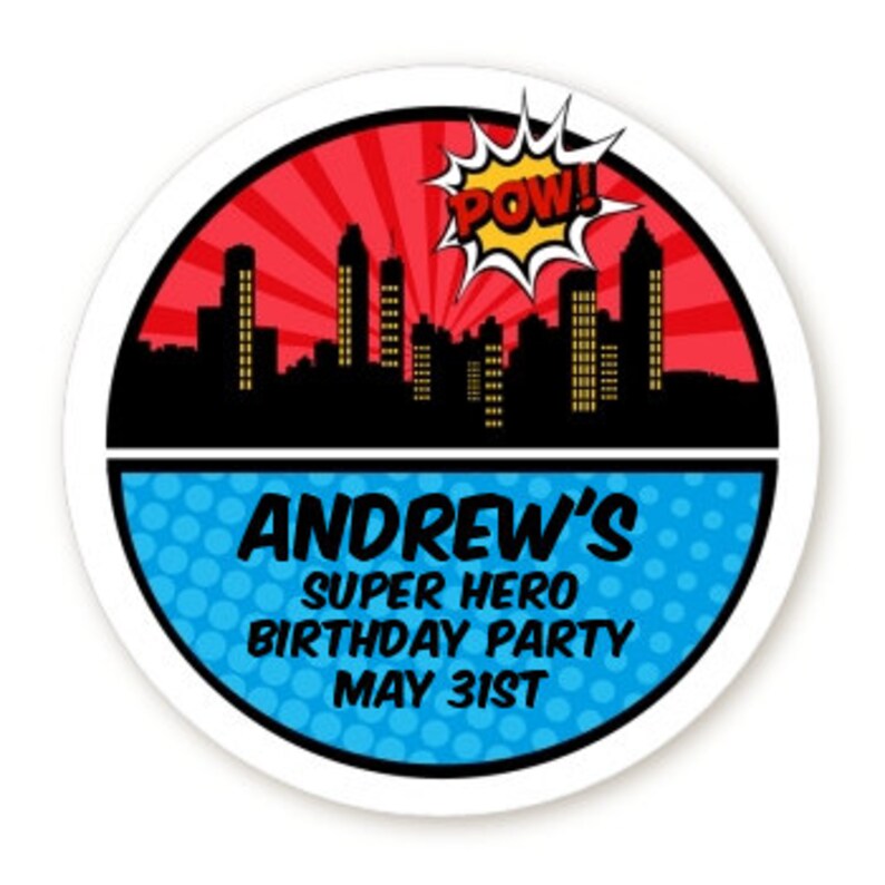 Calling All Superheroes Personalized Round Birthday Party Sticker Labels image 2