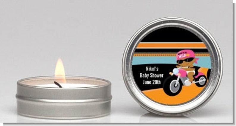 Motorcycle Baby Shower Candle Tin Favor Set of 12 Party Themed Small Candle in Personalized Round Tin Container. Choose gender & ethnicity image 2