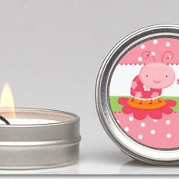 Modern Ladybug Pink Baby Shower Candle Tin Favor (Set of 12) - Party Themed Small Celebration Candle in Personalized Round Tin Container