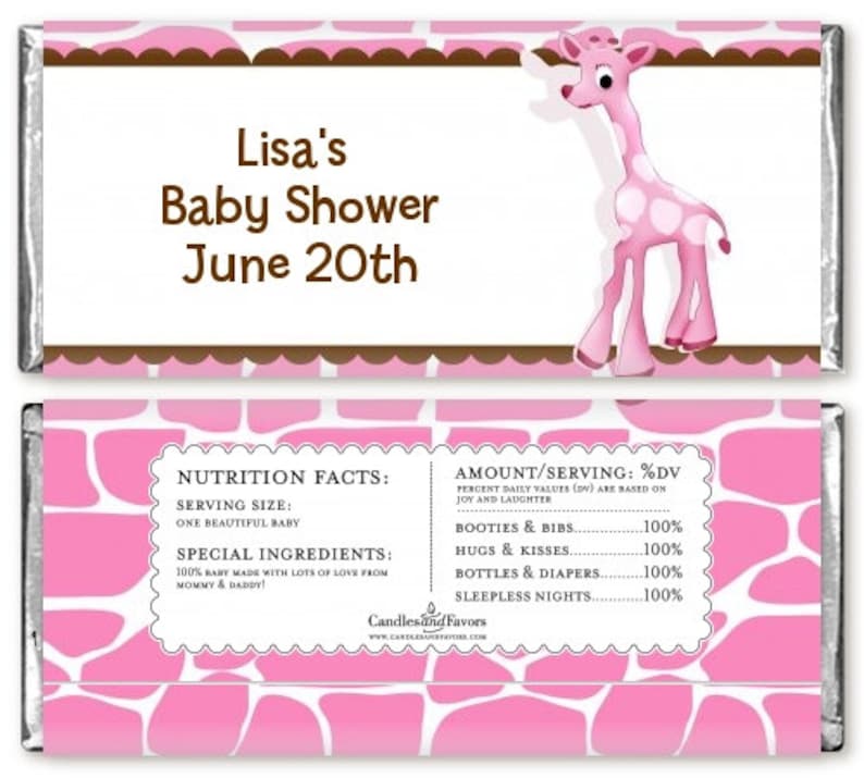 12 Giraffe Baby Shower Candy Bar Wrappers Pink Blue Neutral colors available Personalized Custom Sweet Treat New Baby Party Favors
