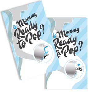 Is Mommy Ready to Pop Blue - Jeu à gratter pour baby shower - Jeu de baby shower bleu prêt à éclater - Lot de 24 cartes