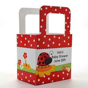 Baby Shower Favor Boxes - Modern Ladybug Red - Personalized Custom Party Treat Container Gift Bags - Set Of 10