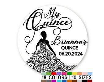May include: Black and white round sticker with a silhouette of a quinceañera in a gown with floral details. The text "Mis Quince" and "Brianna's Quince 06.20.2024" is included.