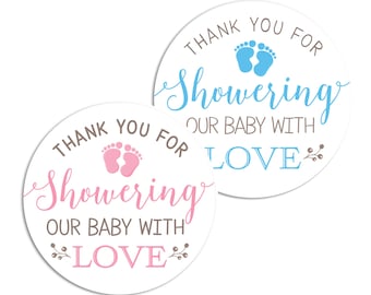 Thank You For Showering Our Baby With Love, Personalized Round Baby Shower Stickers