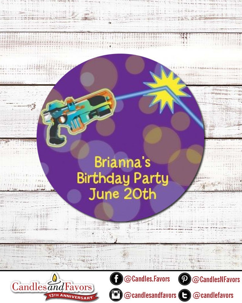 Laser Tag Personalized Round Birthday Party Sticker Labels image 1