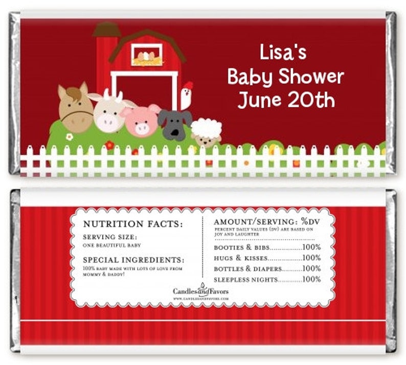 12 Farm Animals Baby Shower Candy Bar Wrappers Personalized Custom Sweet Treat New Baby Party Favors