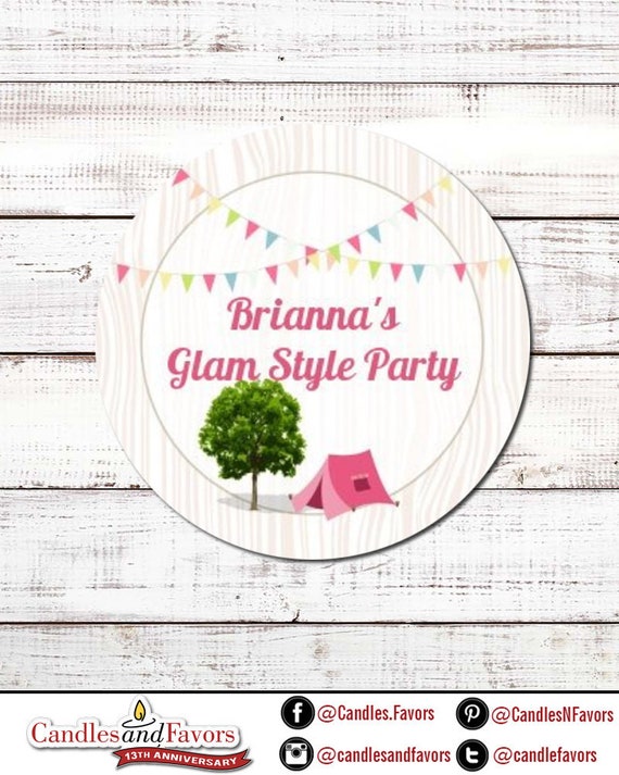 Camping Glam Style - Personalized Round Birthday Party Sticker Labels - Available in 10 Different Sizes Il_570xn