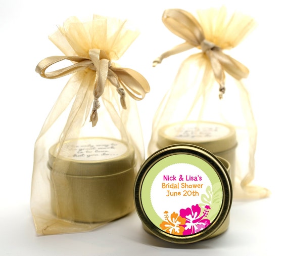 Hibiscus Flower- Bridal Shower Candle Gold Tin Favor or Wedding Candle Gold Tin Favor (Set of 12) - Personalized Round Gold Tin Container Il_570xn
