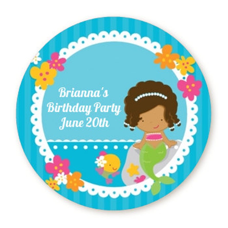 Mermaid Personalized Round Birthday Party Sticker Labels image 3