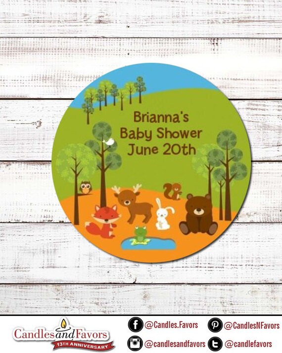 Forest Animals Personalized Round Baby Shower Sticker Labels - Bear Fox Birthday Party Stickers - Available in 10 Different Sizes Il_570xn