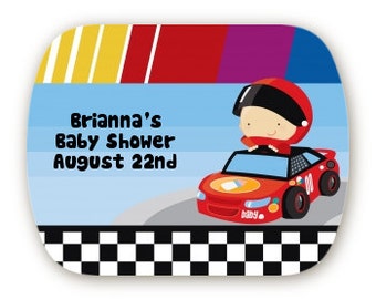 Nascar Inspired Racing - Baby Shower Personalized Mint Tin Labels - Personalized Custom Adhesive Round Corner Stickers for Party Favors